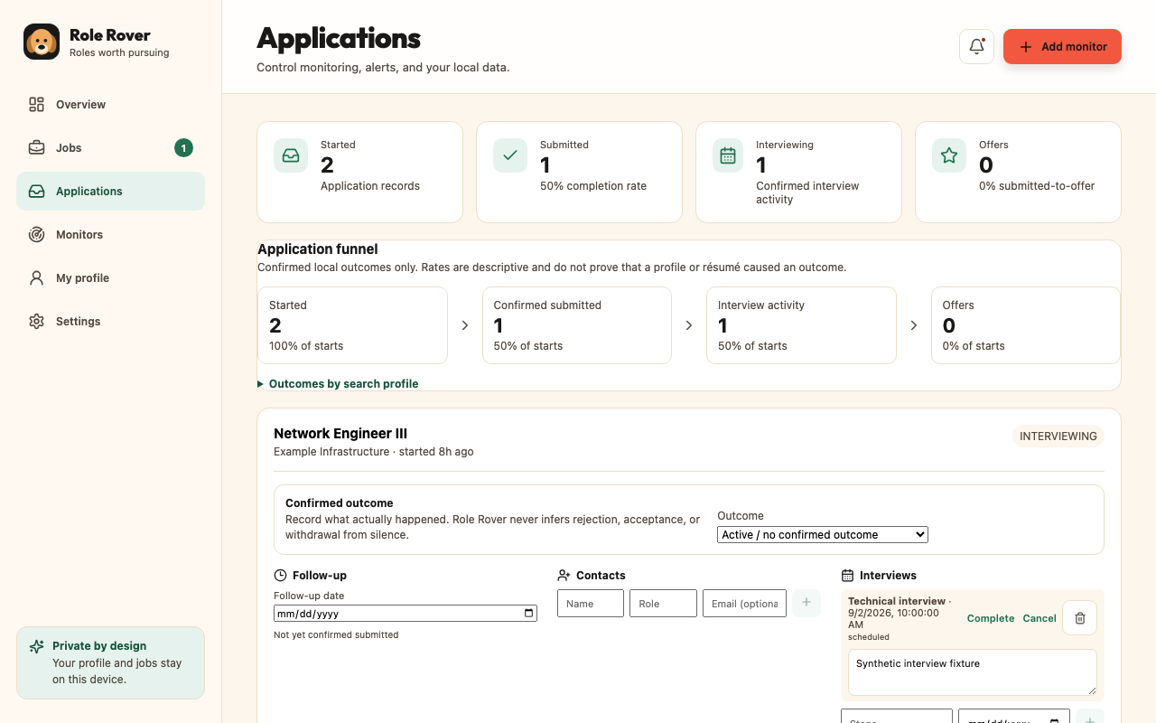 Role Rover Applications screen showing one confirmed submission and one scheduled technical interview