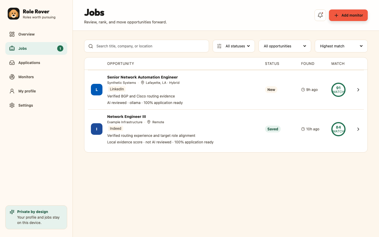 Role Rover Jobs screen with two sanitized opportunities and visible match evidence