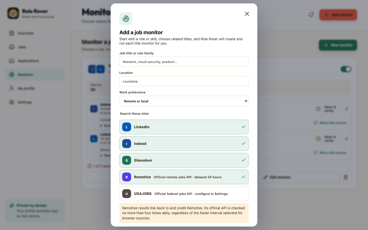 Add a job monitor dialog with title, location, work preference, and source selections