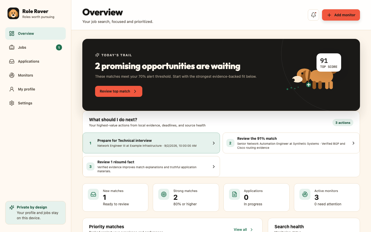 Role Rover overview showing job-search activity, match summaries, and next actions