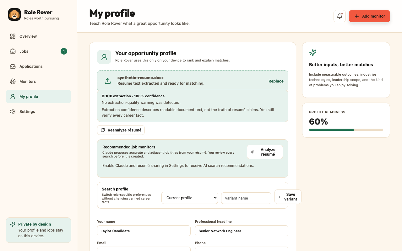 Role Rover My Profile screen showing a sanitized résumé, extraction confidence, profile readiness, and search-profile controls